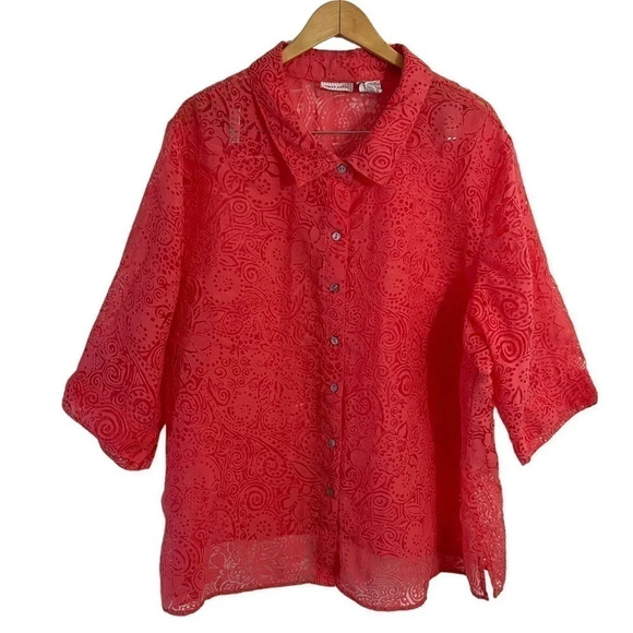 White Stag Pink Button Up Blouse Plus Size 26W 28W Sheer Burnout Floral Swirls - Picture 1 of 7